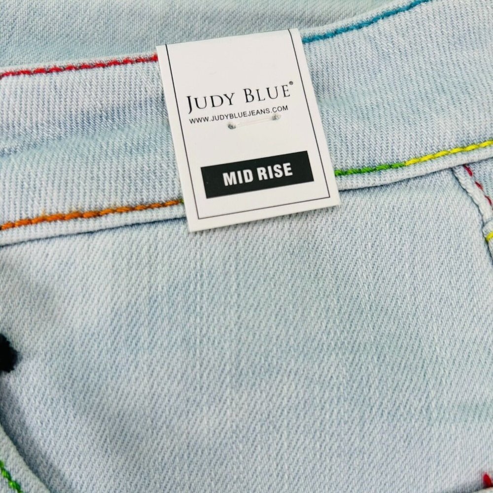 Judy Blue Jean Shorts Womens Size M or L Mid Rise Light Wash Rainbow Stitching - Picture 2 of 13